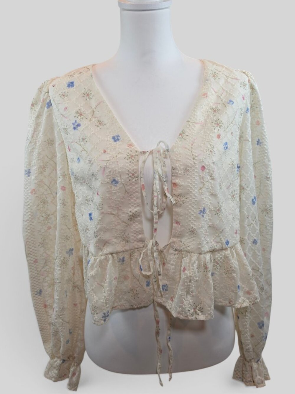 Willow + Root Cream Floral Sheer Tie-Front Peplum Blouse